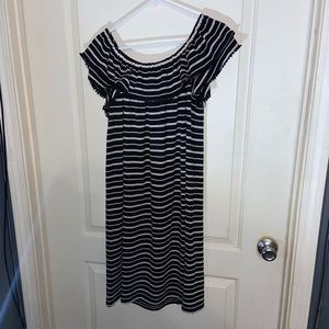 Loft / off the should midi dress / ruffle shoulder / size L